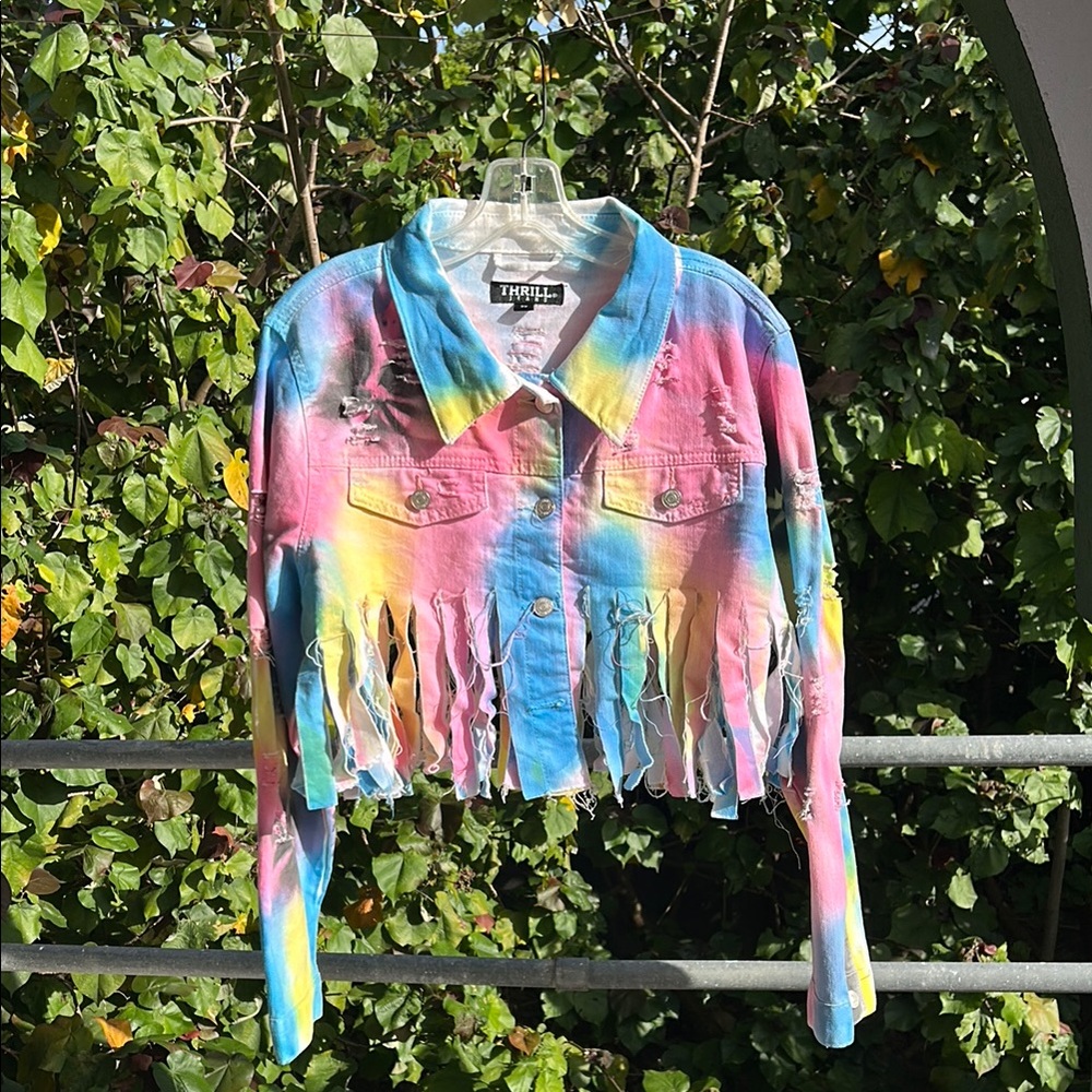THRILL Colorful Tie-Dye Fringe Y2K Distressed Denim Jacket w Airbrushing Size 2X